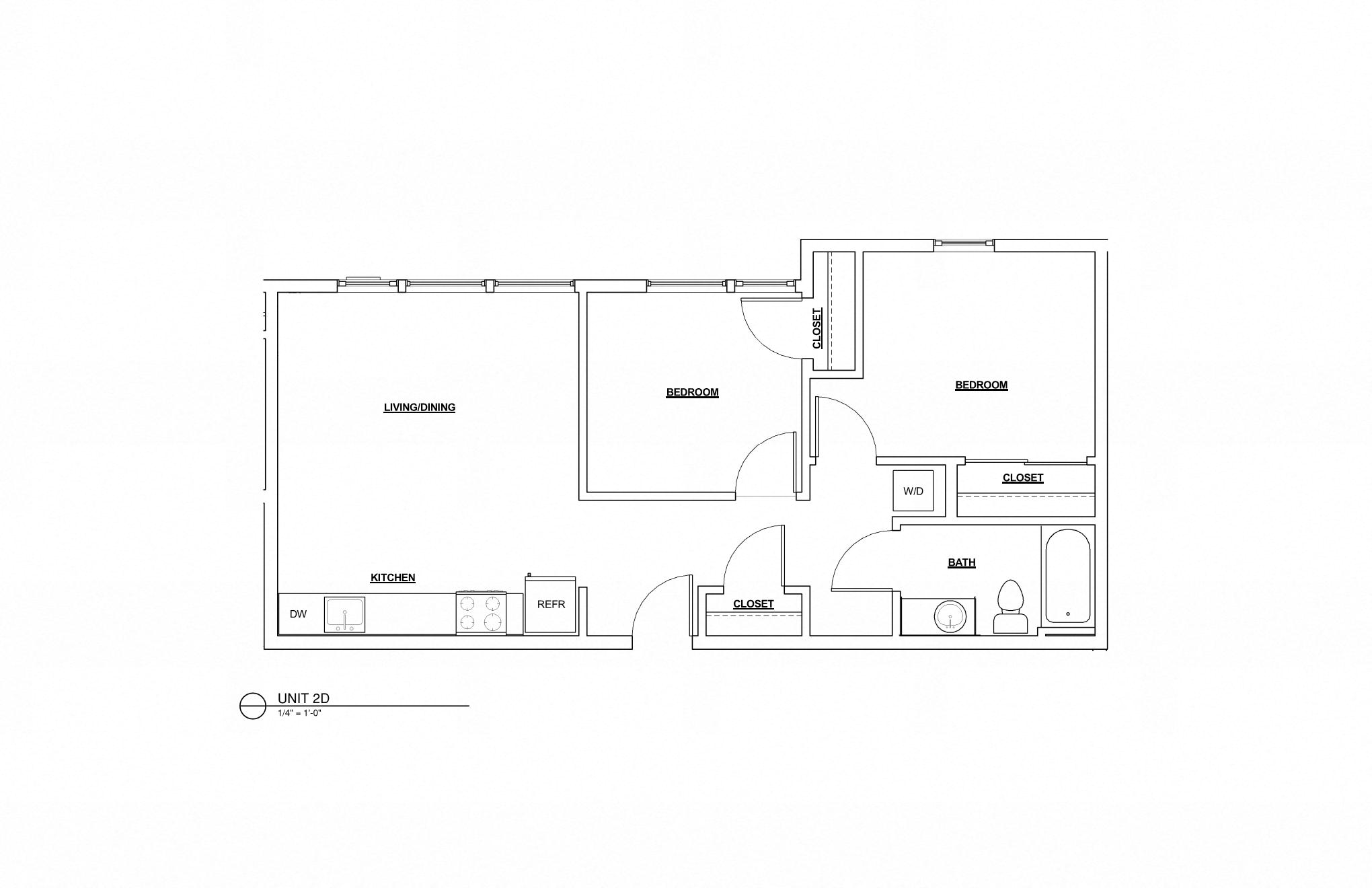 Floor plan for 2 beds, 1 bath, 786 sqft